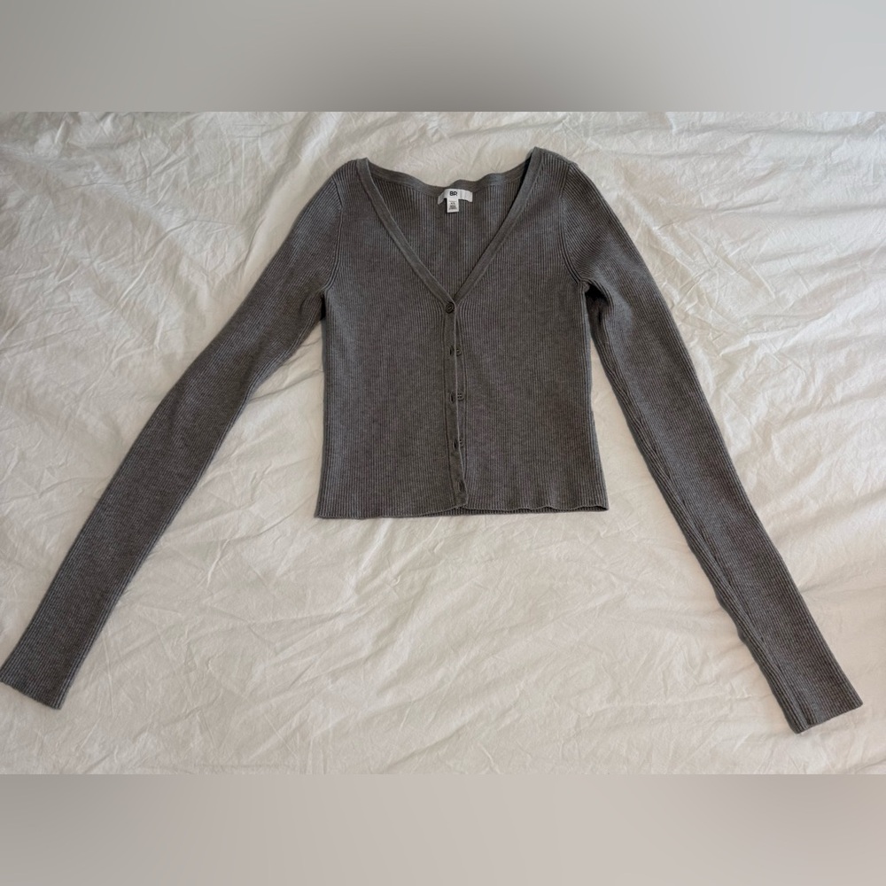 BP Gray Ribbed V Neck Button Front Cardigan